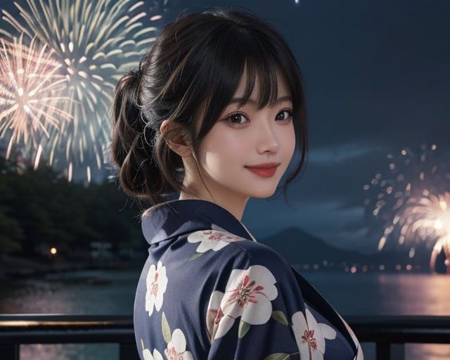 high resolution,1girl,(soft saturation:1.3), (fair skin:1.2),(ultra-detailed background, detailed background), bokeh,smiling girl portrait.,When viewed from the front, the composition is symmetrical,looking straight at you with serious eyes,(yukata, print yukata, print kimono, colored yukata:1.2), (Fireworks are rising in the night sky:1.4), (from behind),brown hair, bangs, medium breasts, beautiful eyes,<lora:xsfg:0.7>