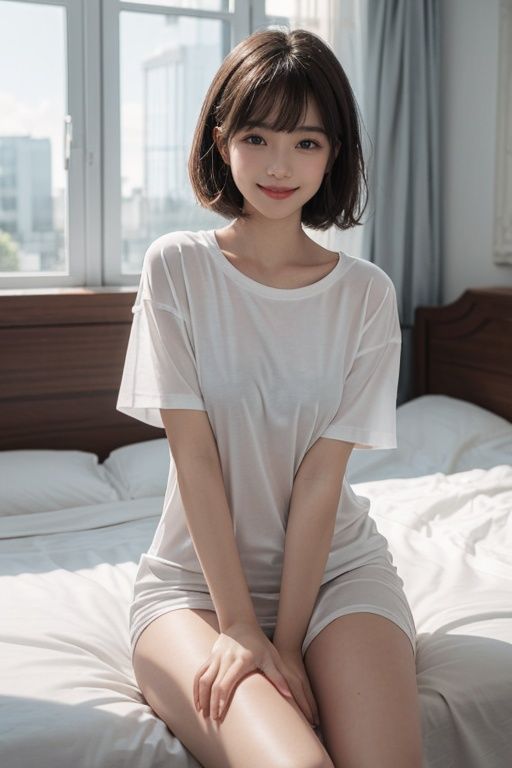 1girl,  in oversize T-shirt over naked, light smile, happy, Calm,sitting on the bed,spoken good morning,The incoming morning sun, soft light, absurd resolution, best quality, absurd detailed, <lora:xsfg:0.7>
