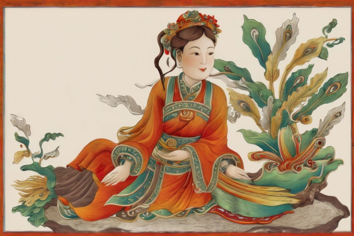 ((masterpiece), (best quality), (highly detailed)), beautiful girl sitting, long silky hair blowing in the wind, (hair ornament:1.2), Acssessory, VN_folk