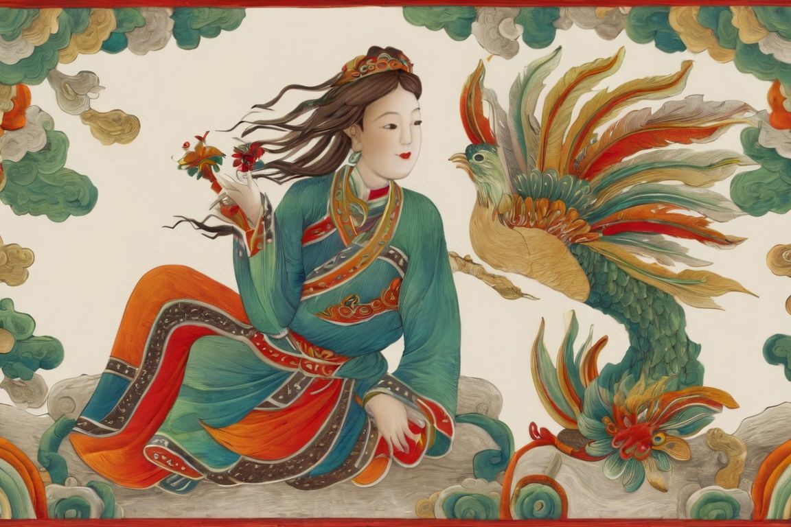 ((masterpiece), (best quality), (highly detailed)), beautiful girl sitting, long silky hair blowing in the wind, (hair ornament:1.2), Acssessory, VN_folk