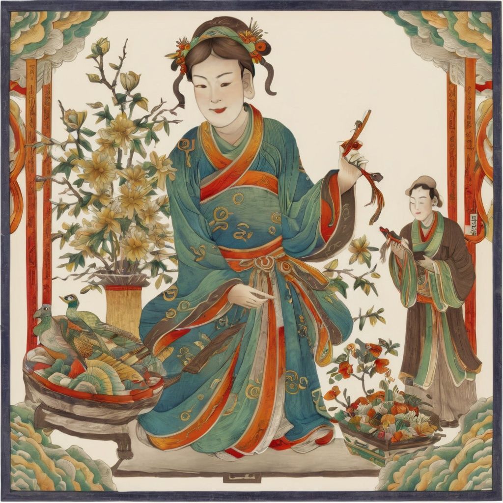 ((masterpiece), (best quality), (highly detailed)), beautiful girl sitting, temple, long silky hair blowing in the wind, holding flower, little birds flying around her, (hair ornament:1.2), Acssessory
,ukiyo_e,japanese