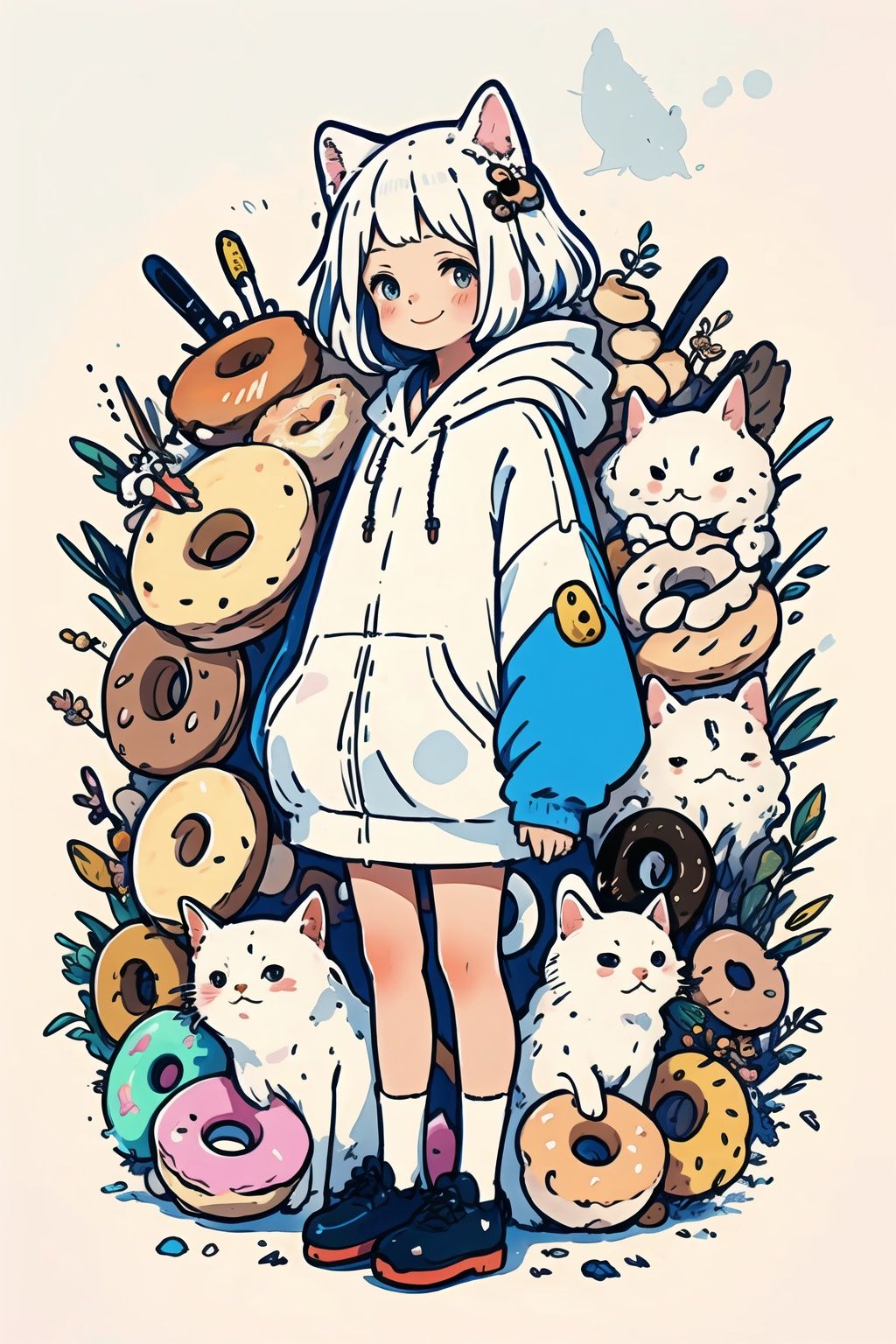 style of Enki Bilal, adorable, happy, a girl, white hair, puffy hoody, donuts, many cats, full body, pastel colors, simple white background, in donuts, Illustration, cover art, japan, blur, shiny,minimalistic,simplecats