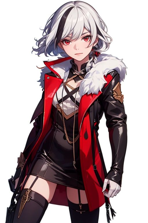 (masterpiece:1.3), (the best quality:1.2), (super fine illustrations:1.2), (Masterpiece), high quality, high detail,(white background:1.2), looking at viewer, (SOLO:1.4),outline,,simple background,  fuhua/heiyu, fu_hua, feathers, multicolored_hair, black_feathers, white_hair, silver_hair, red_eyes, hair_ornament ,((leather)), black and red coat