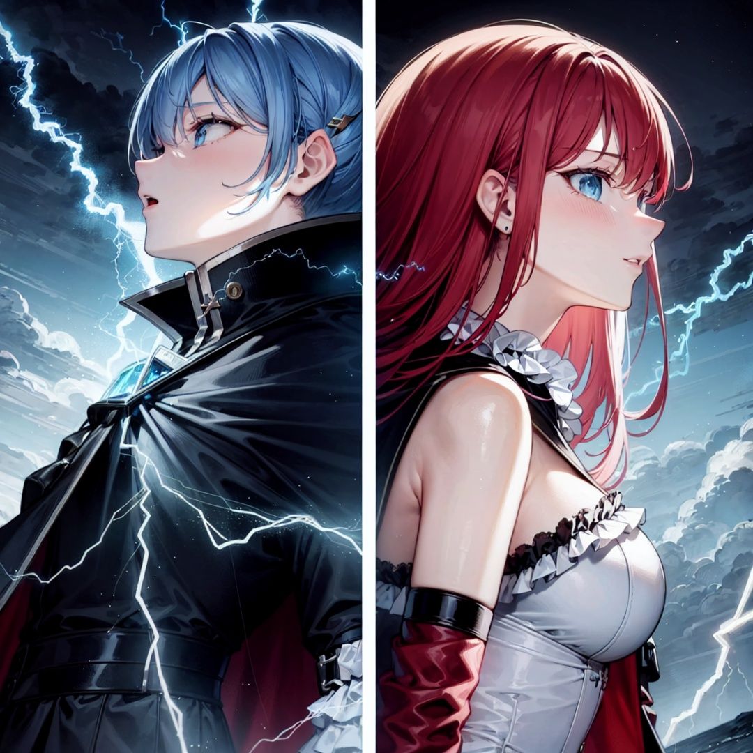 ((best quality)), ((masterpiece)), ((ultra-detailed)), (illustration), (detailed light), (an extremely delicate and beautiful),(cowboy shot),[(confrontation split screen theme)::0.35],/=(left-side<(girl a<((spread lots of red_Lightning on cape),(spread lots of red Lightning on frills bustier))> and red hair and(Lightning strike and (Electric shock:1.25)))>),(Detailed anime face),glowing pupil,/=(Back to back:1.2),(yuri:0.8),(Lightning-pov:1.3),/=(right-side<(girl b<((spread lots of blue_Lightning on cape),(spread lots of blue Lightning on frills bustier))> and blue hair and (Lightning strike and (Electric shock:1.25)))>),(Detailed anime face),glowing pupil,/=(night sky background),(cloudy sky),((electricity)),((wind)),Depth of Field,best-lighting,volumetric-light,