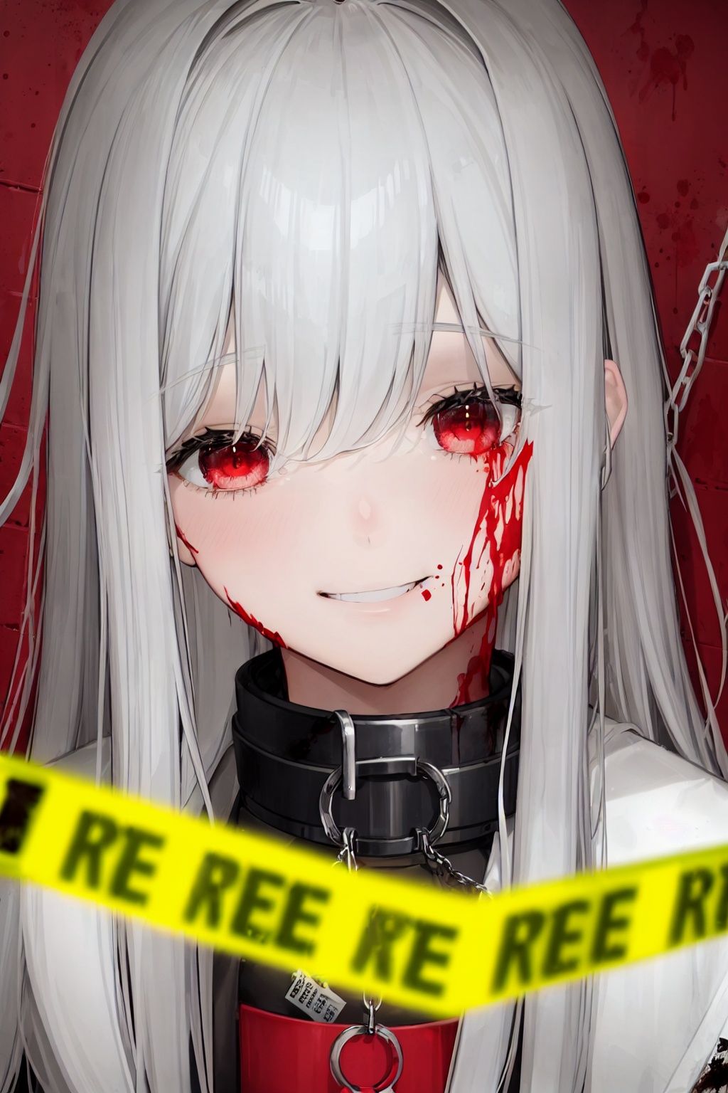 (black-and-white:1.25),(portrait:0.8),in Prison,(collage wanted order poster background),(yellow caution tape:1.2), chain,//(1girl:1.3),broken face, schizobulia, shaded face, (messy long grey hair:1.2), (red eyes:1.15),(handcuffs),(warm smile), (oversized prison straitjacket:1.35),blood on face,//