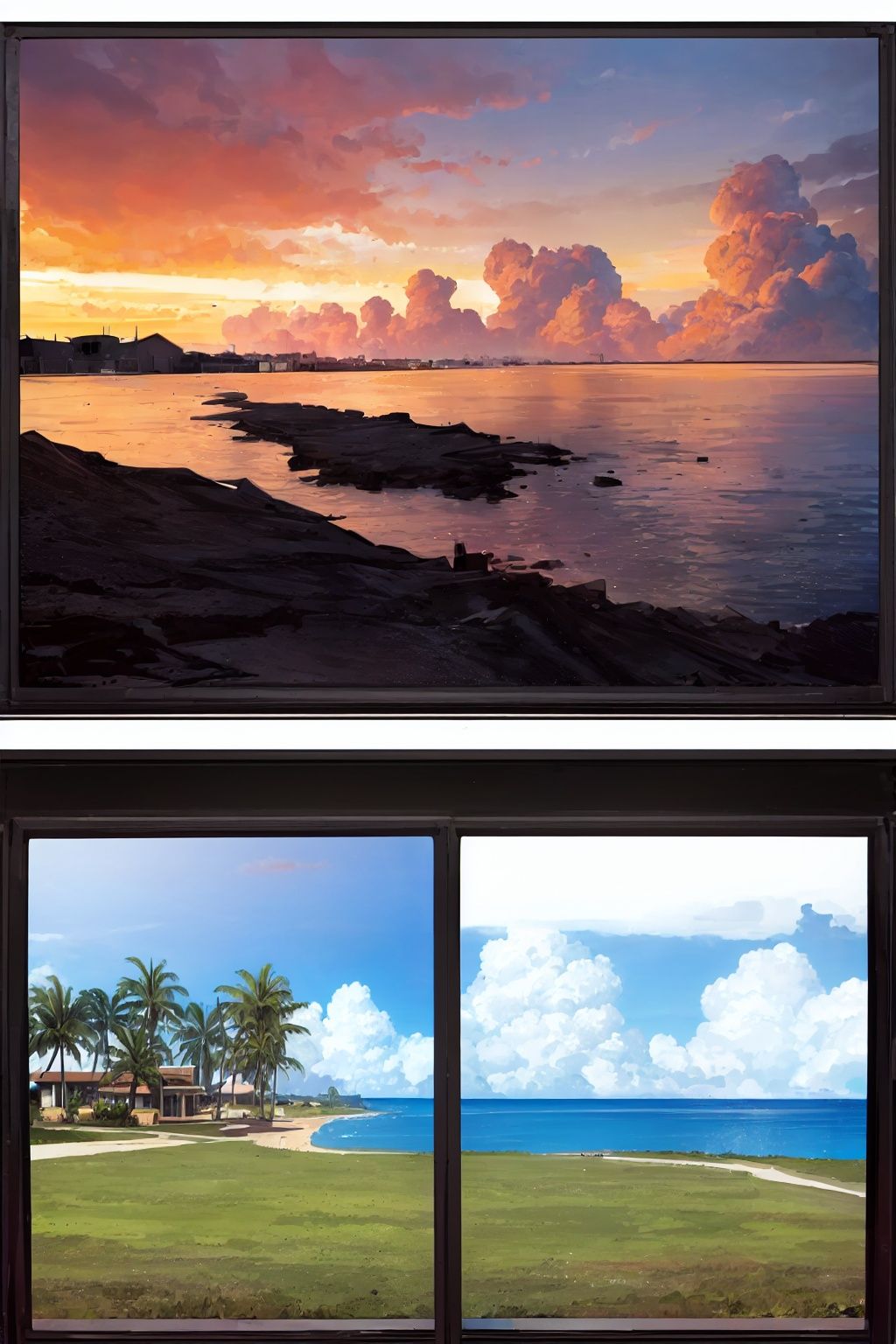 (picture split), (split screen theme:1.4), (comic split screen), (Super wide Angle lens:1.25), (extremely detailed background), no humanBREAKOn the left is a detailed and beautiful resort, Villa in the distance, beautiful detailed green lawns, tropical palm trees, distant coastline, blue sky, white clouds, cumulonimbus clouds, (beautiful resort)BREAKTo the right was a (black land after the fire:1.2), (gray and black land), (diffuse gray smoke), (dark cloud), (desolate and dead ruin in the distance)
