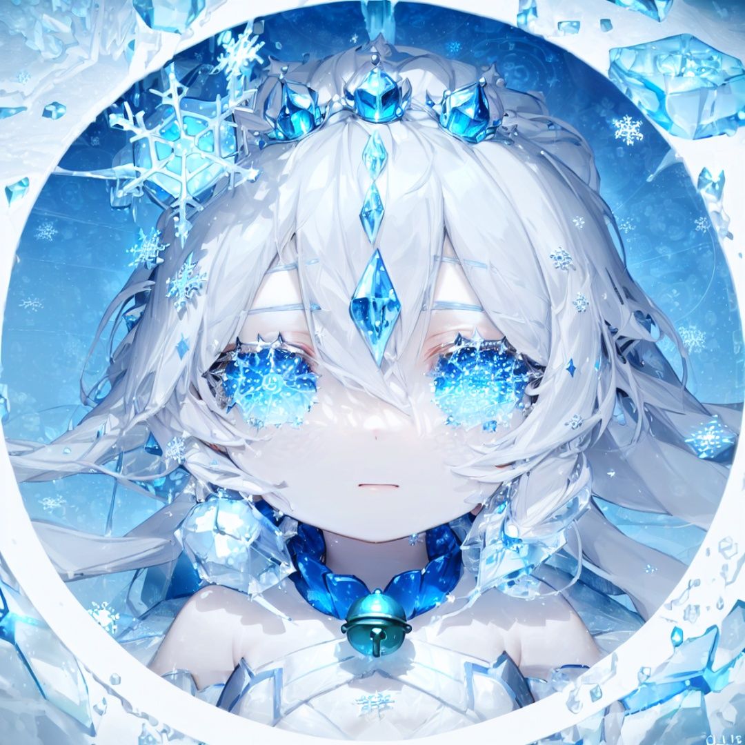 (detailed light), (an extremely delicate and beautiful), volume light, best shadow,cinematic lighting, flash, Depth of field, dynamic angle, [nsfw:0.8], Oily skin,
((ice-sculpture-loli)+(detailed eyes)+(detailed messy white ice-hair)+(Extremely delicate and beautiful ice-sculpture-loli)+(Ice-crystals-skin:1.4)+(detailed ice-Texture:1.4))+(Reflective snowflake-skin:1.3)+(blue bustier:1.35)+(Snowflakes on the skin:1.3)+(ice crystals on the skin:1.3)+(ice-snowflake-crown on head:1.25)+(snowflake)+(Cute anime face)+(bell collar:1.3)+(Medium breasts:1.2)+(Extremely delicate and beautiful)+(Flowing-ice:1.3),upper body,
(complexity),((detailed blue-fire-magic-circle background:1.3)+(Snowflake-concentric-circles:1.3))
