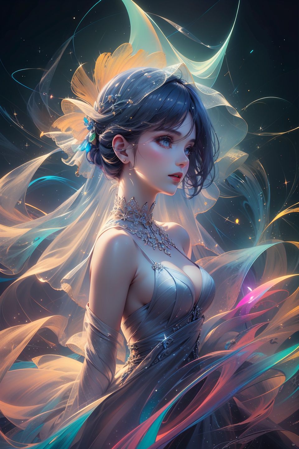 (masterpiece, top quality, best quality, official art, beautiful and aesthetic:1.2), (1girl:1.3), extremely detailed,(fractal art:1.2),colorful,highest detailed,(zentangle:1.2), (dynamic pose), (abstract background:1.5), (treditional dress:1.2), (shiny skin), (many colors:1.4)1girl,realistic style with fantasy elements,high-definition,realistic blue and light black,charming realistic characters,shiny skin,Surrealism,detailed clothing<lora:lishirenveil:1:lbw=1,0.9,0.9,0.9,0.5,0.5,0.5,0.3,0,0,0.3,0.5,0.5,0.5,0.5,0.2,0.2>,(((veil,colorful veil,Veil with light particle effect,glowing,dress))),
