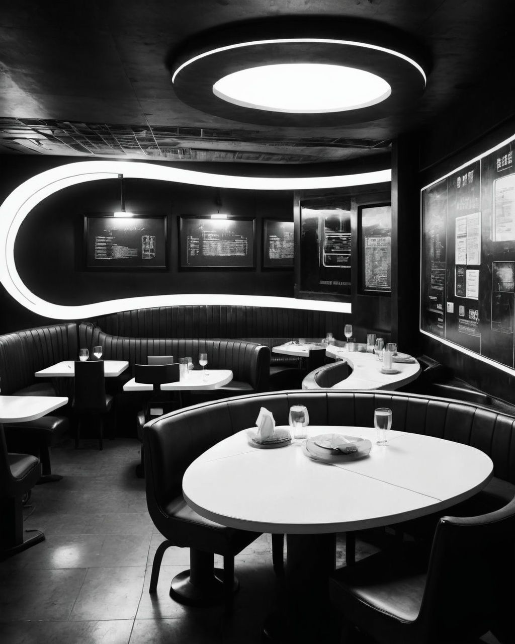 a black and white photo of a restaurant with a curved table ,  sci-fi,  cyberpunk on Tensor.Art