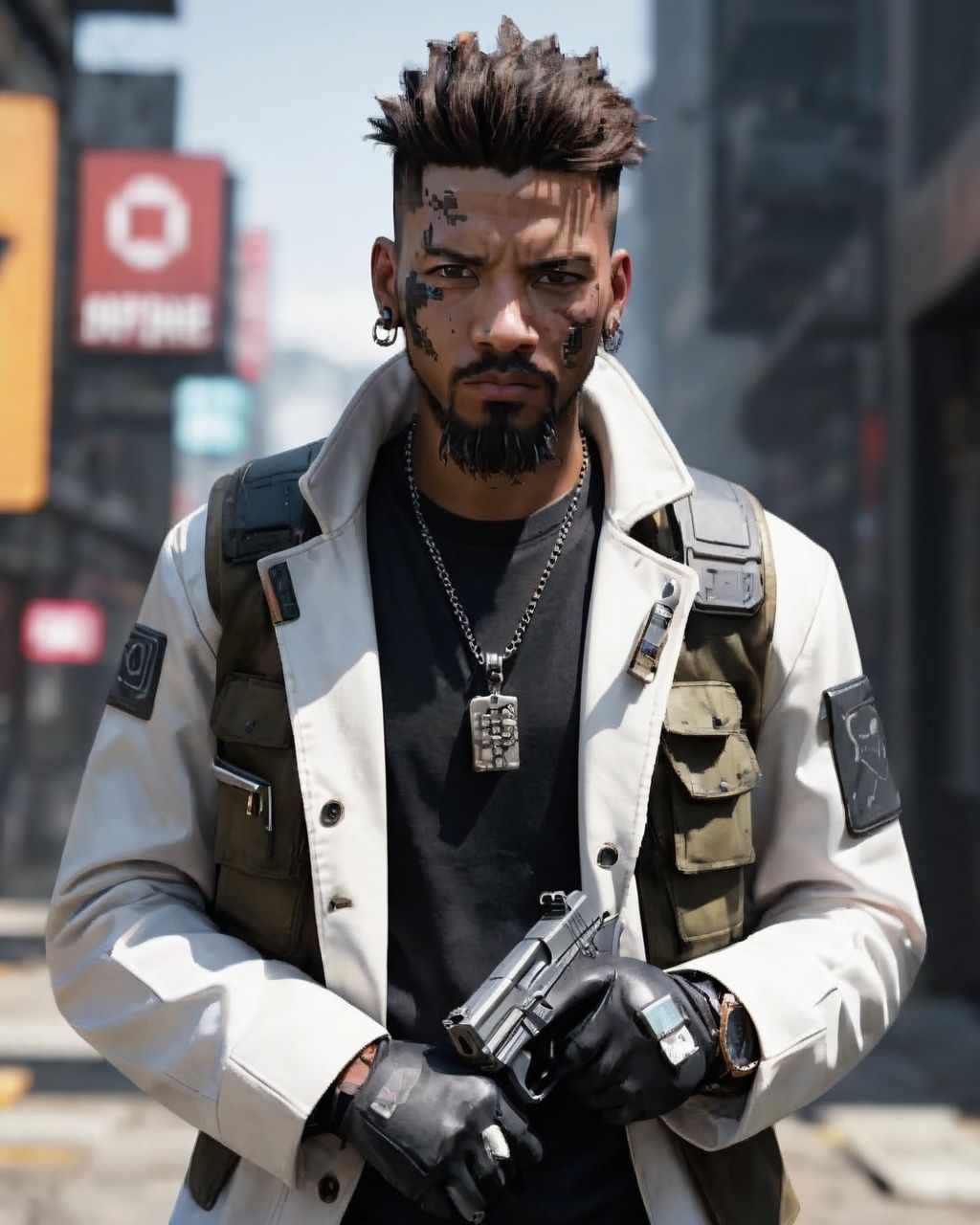 a man holding a gun in a city ,  solo,  brown hair on Tensor.Art