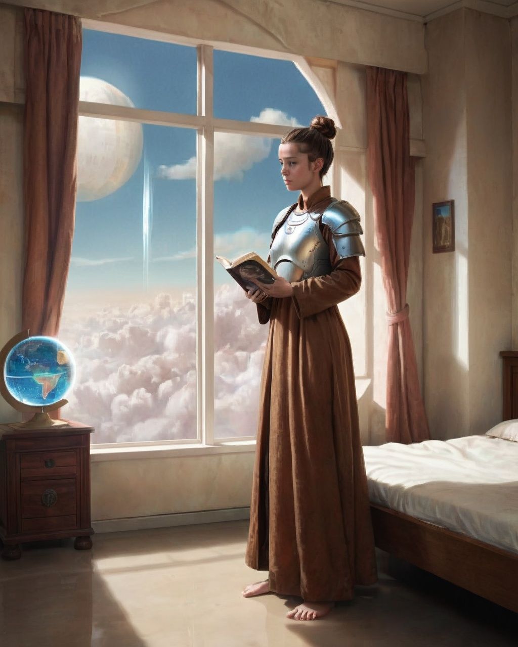 a woman standing in a room next to a window ,  1girl,  brown hair on Tensor.Art