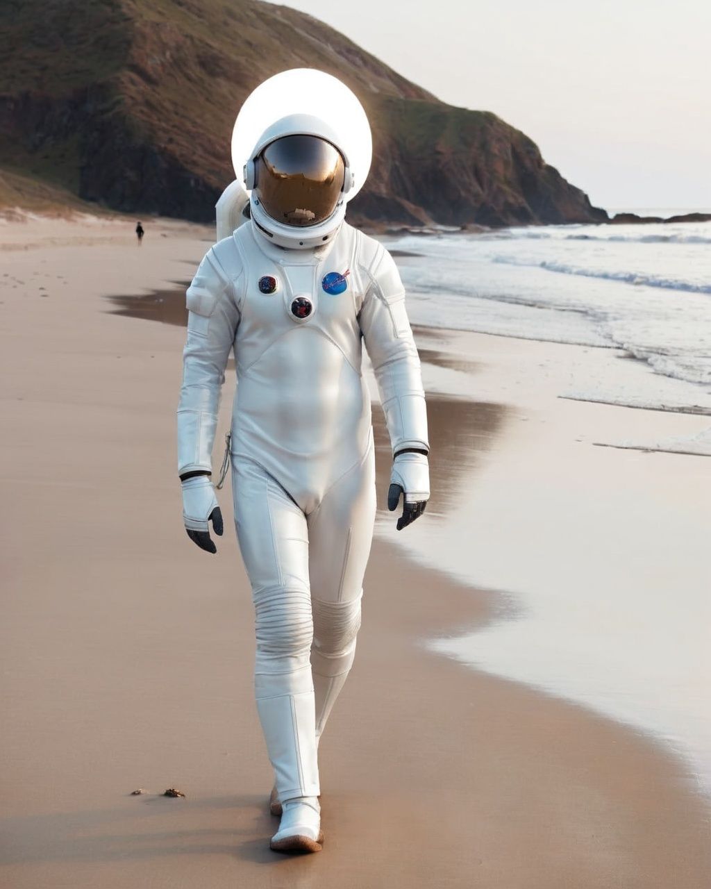 a person in a white space suit walking on a beach on Tensor.Art