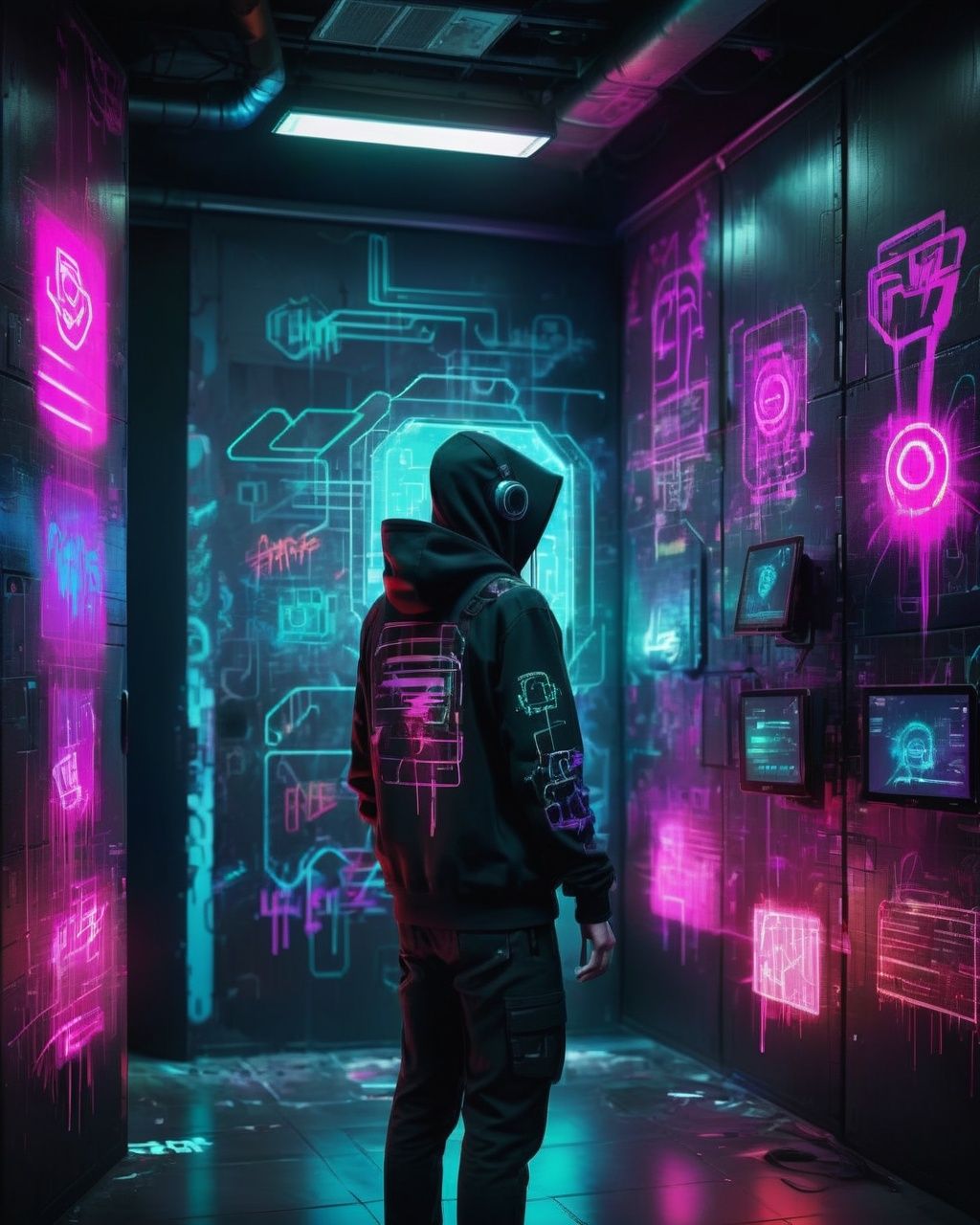 Virtual graffiti,  hackers leaving their mark in cyberspace,  vibrant tags and digital art adorning the virtual walls of c...