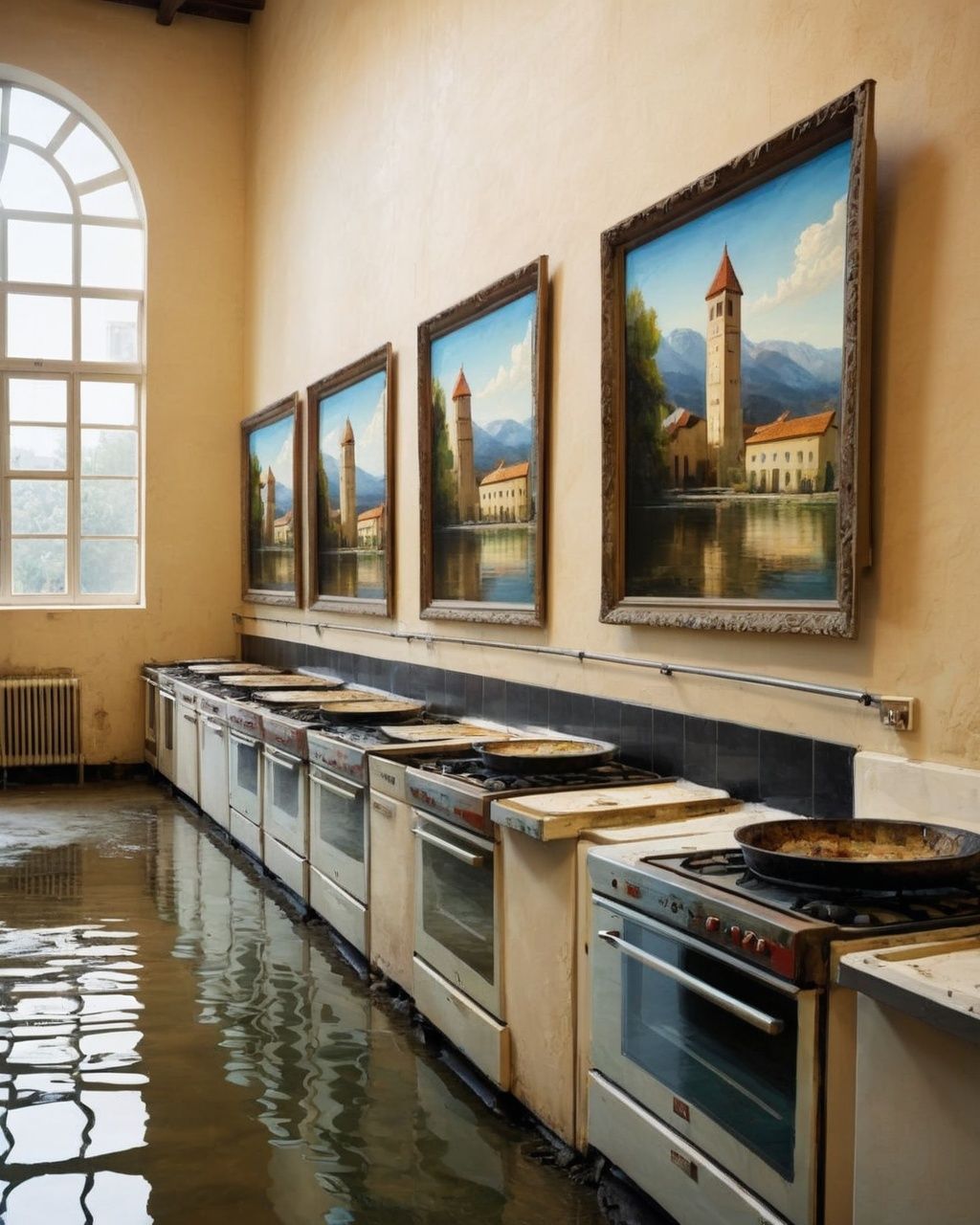 a row of ovens in a building with a painting on the wall ,  indoors,  water on Tensor.Art