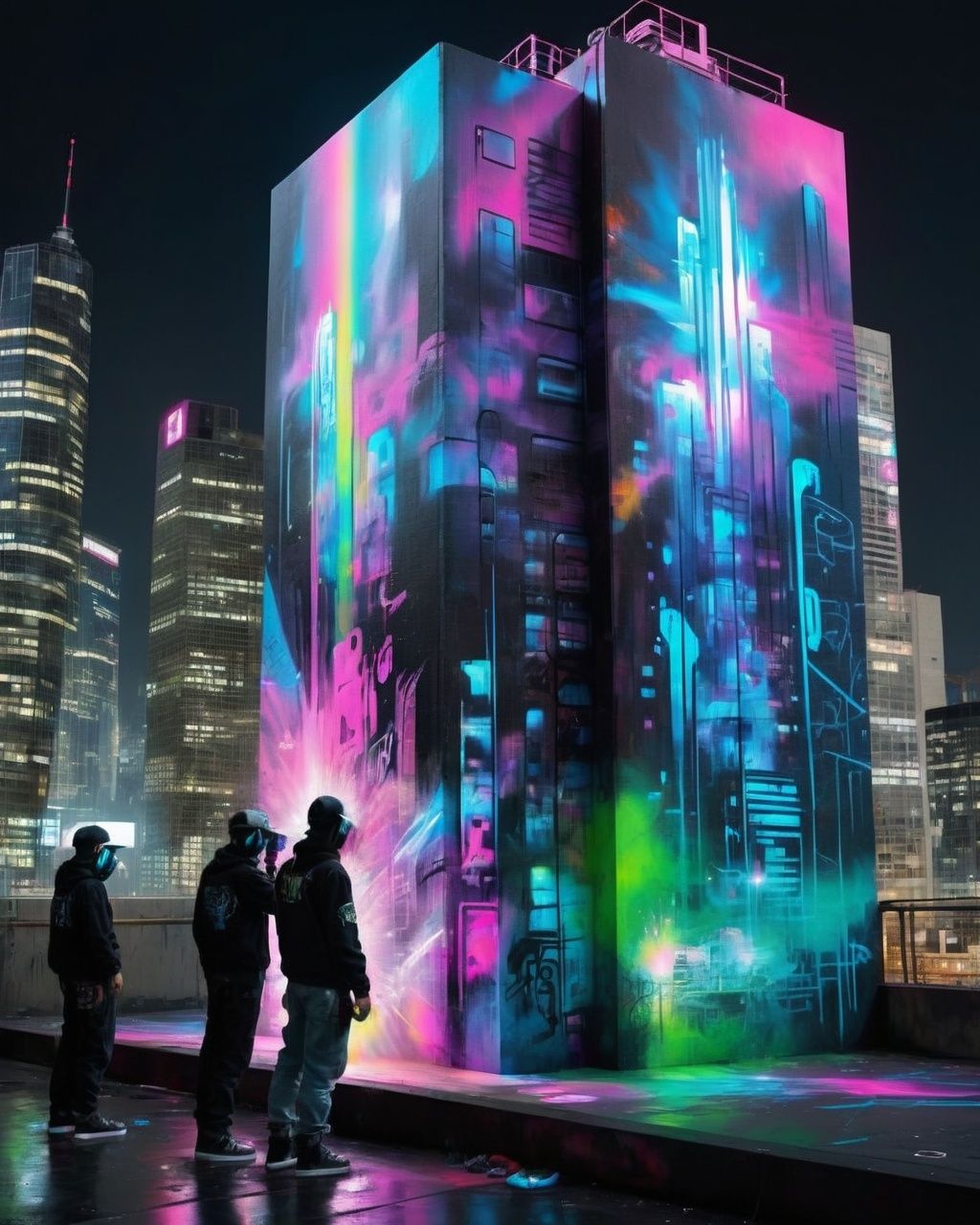Skyline canvas,  graffiti artists using holographic spray cans to paint luminous murals on virtual skyscraper walls. ,  cy...