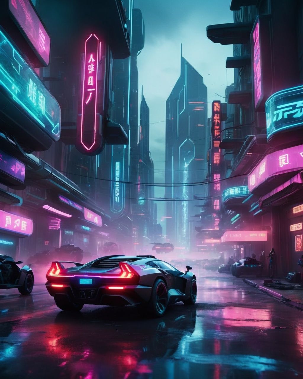 -A thrilling chase scene through a futuristic city,  with neon lights,  flying cars on Tensor.Art