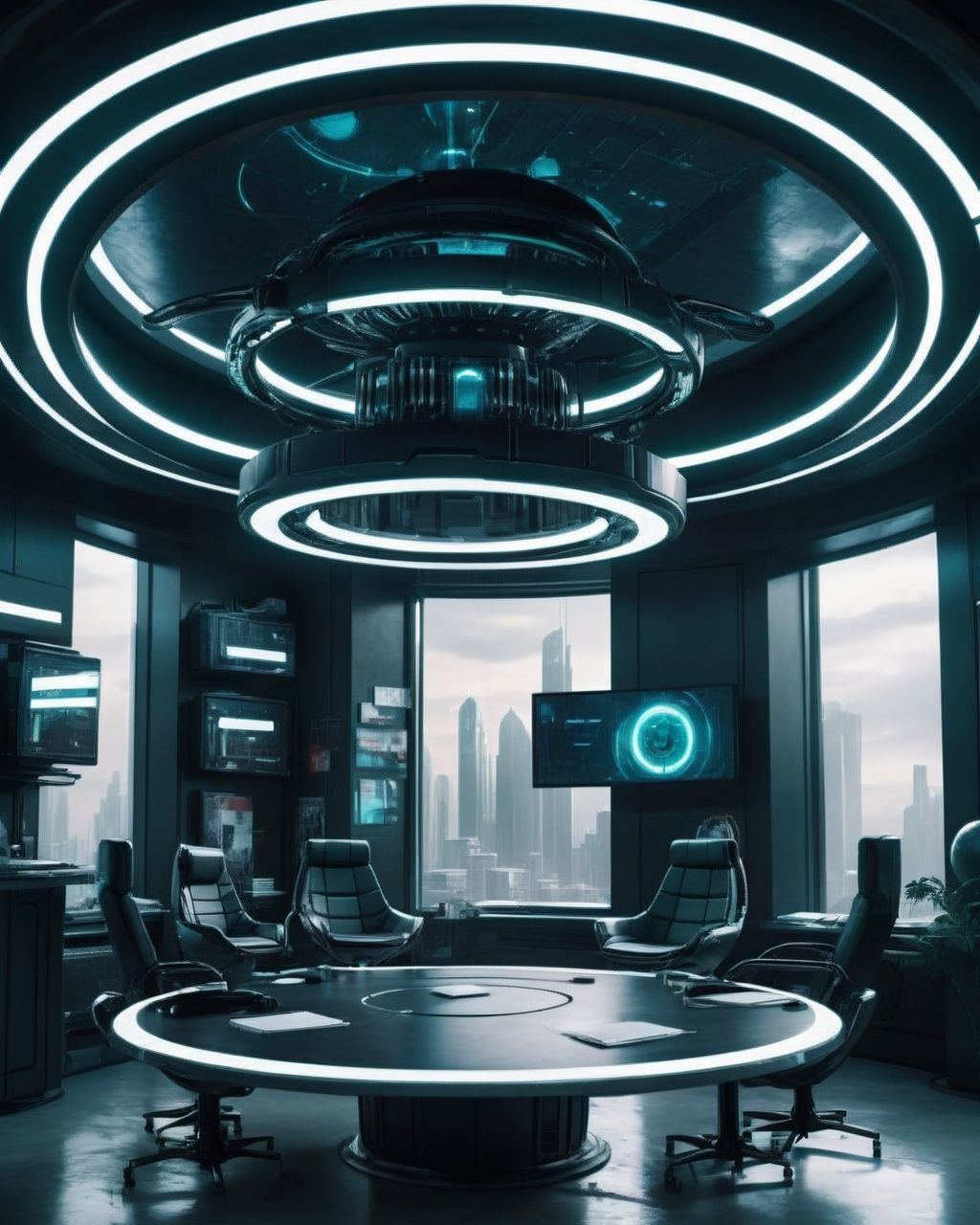 a futuristic office with a circular table and chairs ,  sci-fi,  cyberpunk on Tensor.Art