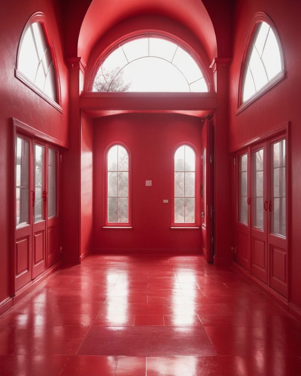 a red hallway with arched windows and a red floor ,  indoors,  no humans on Tensor.Art