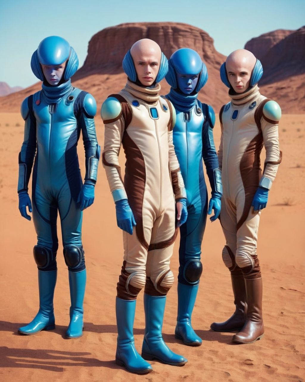 a group of people in costumes standing in a desert ,  brown hair,  male focus on Tensor.Art
