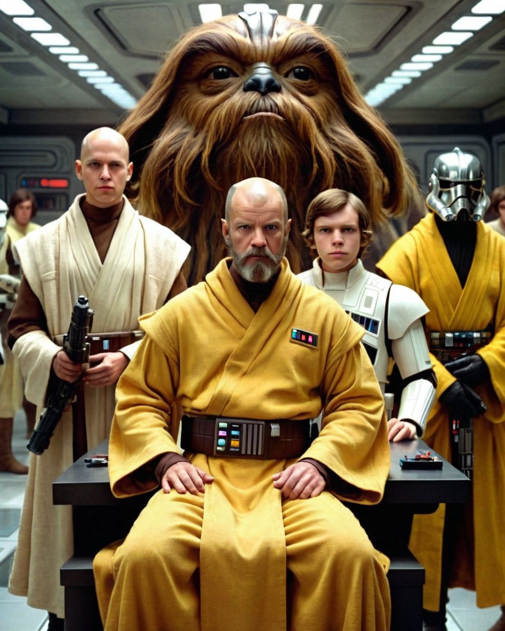 a man in a yellow robe standing next to a group of star wars characters ,  brown hair,  sitting on Tensor.Art