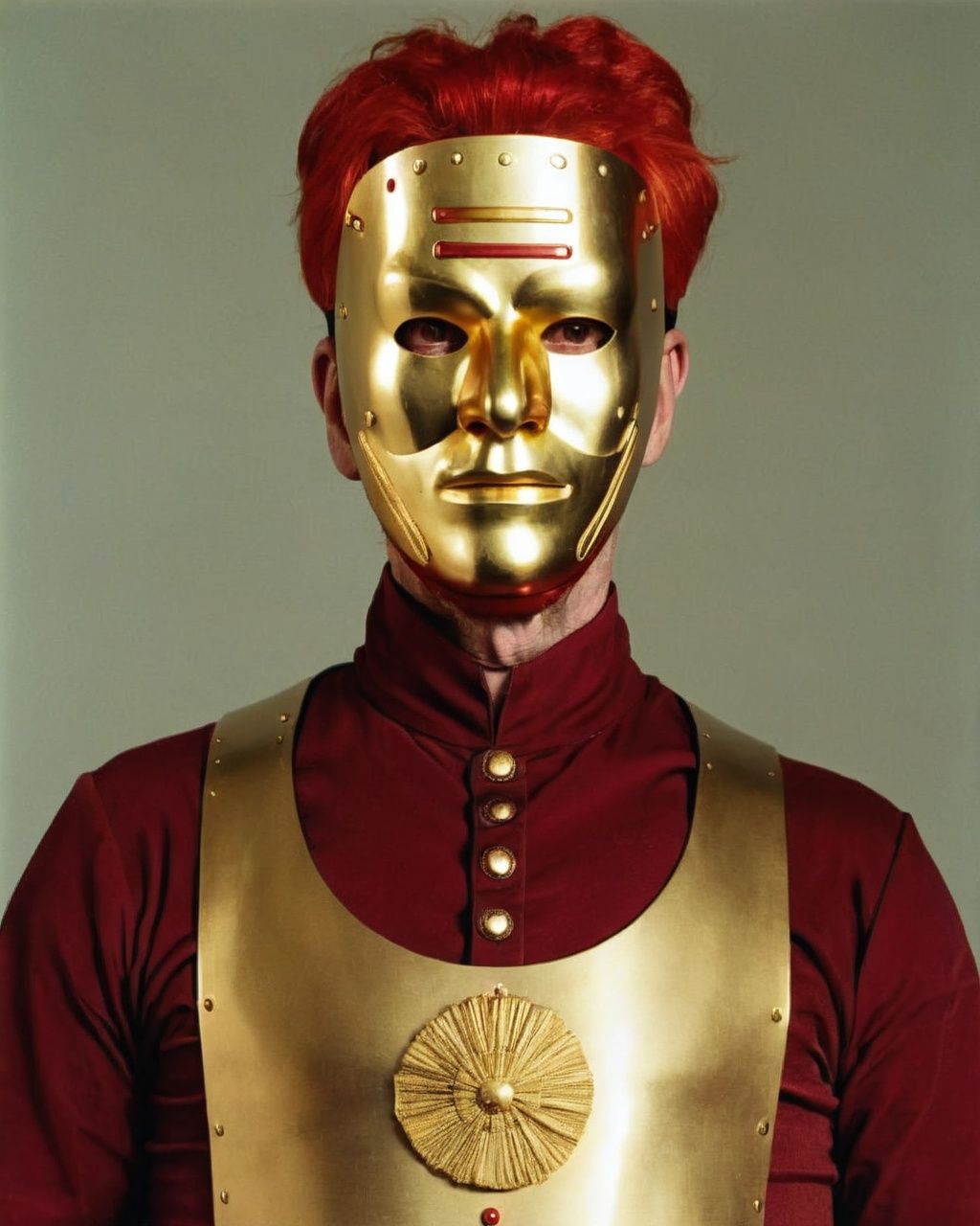 a man wearing a gold mask with red hair ,  Jodorowsky style on Tensor.Art