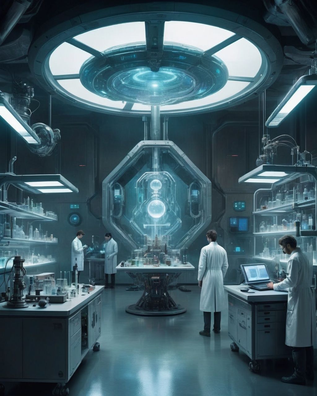 -A mysterious sci-fi scene set in a futuristic laboratory,  where a group of scientists is studying a strange and otherwor...