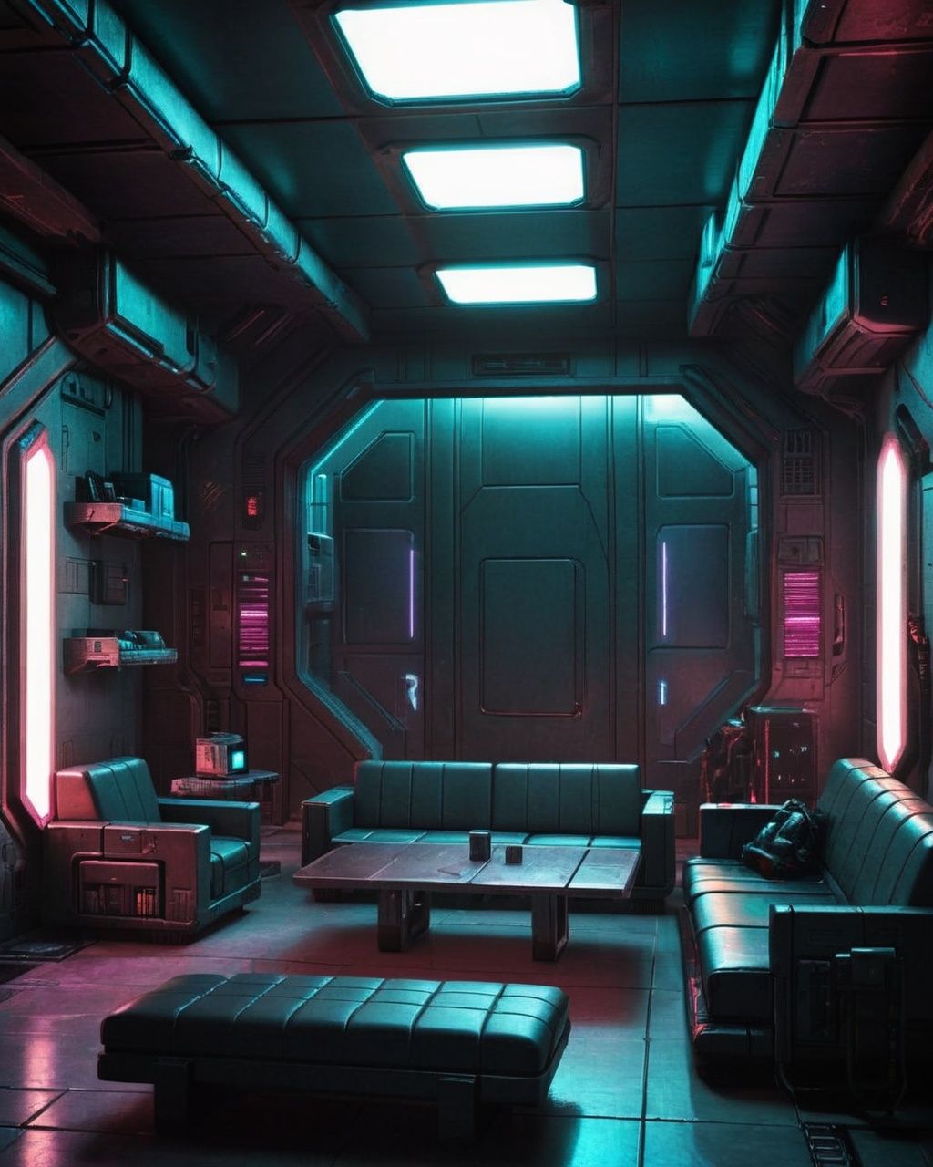 a room with a couch and a table ,  sci-fi,  cyberpunk on Tensor.Art