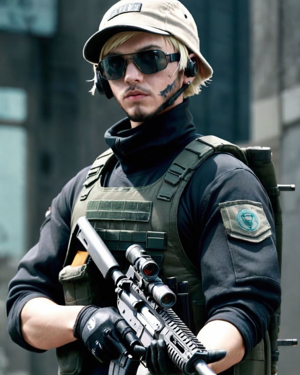a group of soldiers with guns in a city ,  short hair,  blonde hair on Tensor.Art