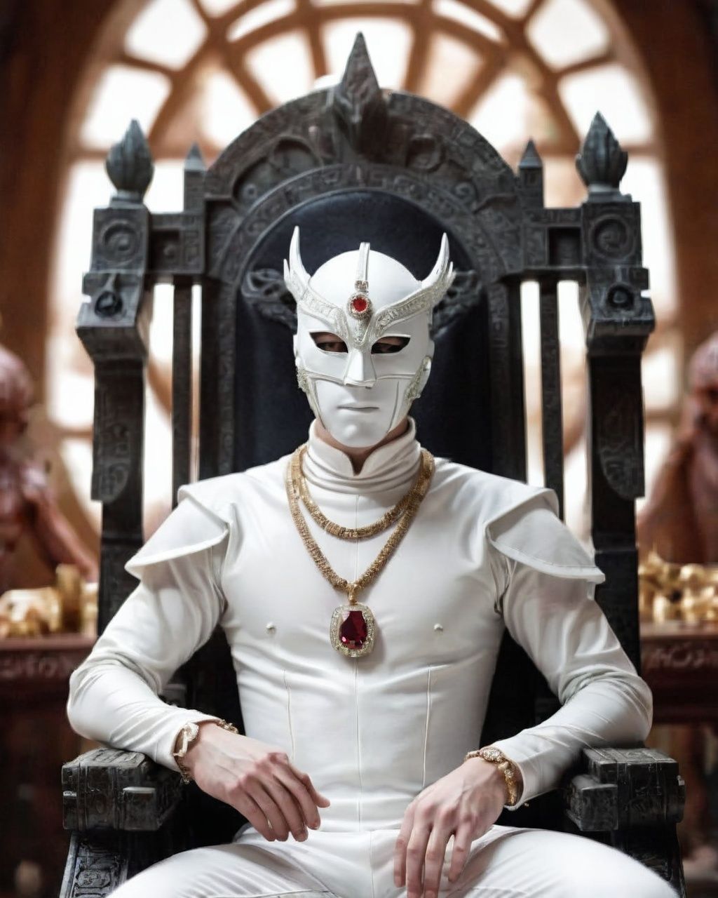 a man in a white costume sitting in a chair ,  solo,  looking at viewer on Tensor.Art