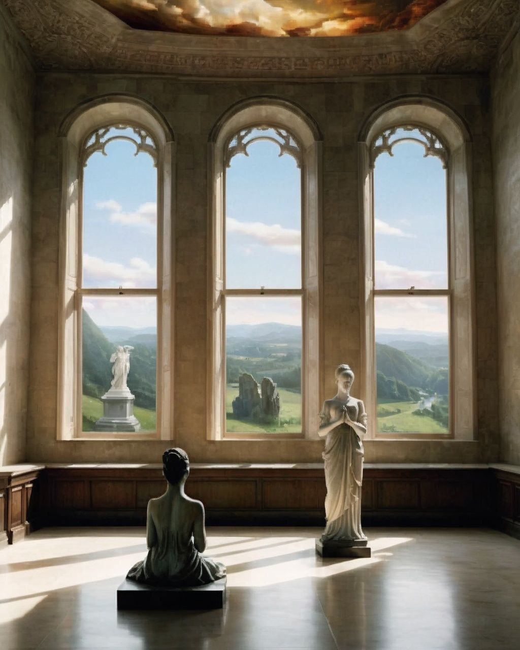 a room with a large ceiling and a large window ,  1girl,  indoors on Tensor.Art