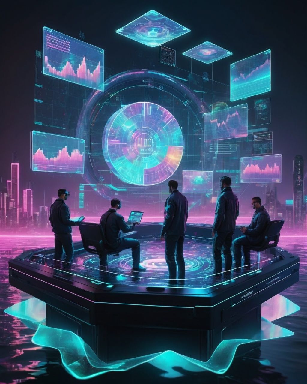 Cryptocurrency exchange,  traders surrounded by floating holographic charts,  riding the waves of digital fortunes. on Ten...