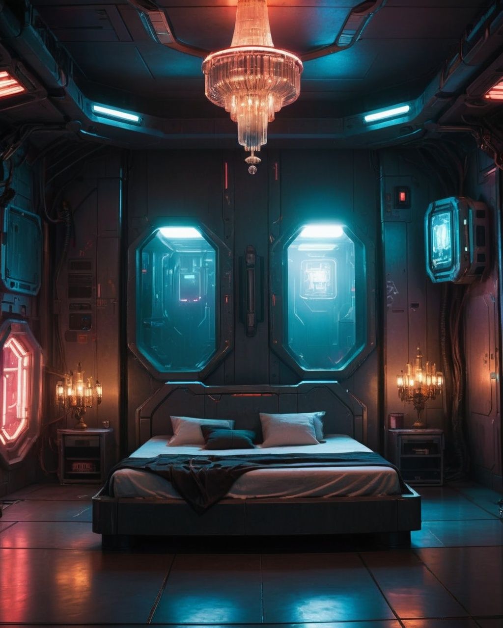 a room with a large bed and a chandelier ,  sci-fi,  cyberpunk on Tensor.Art