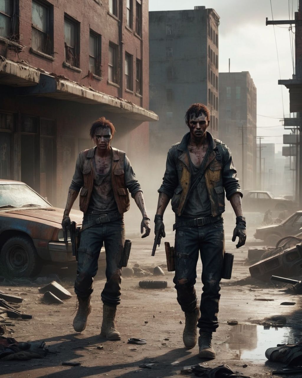 -A dramatic showdown between two rival gangs in a post-apocalyptic wasteland. Cinematic lighting and high-definition textu...