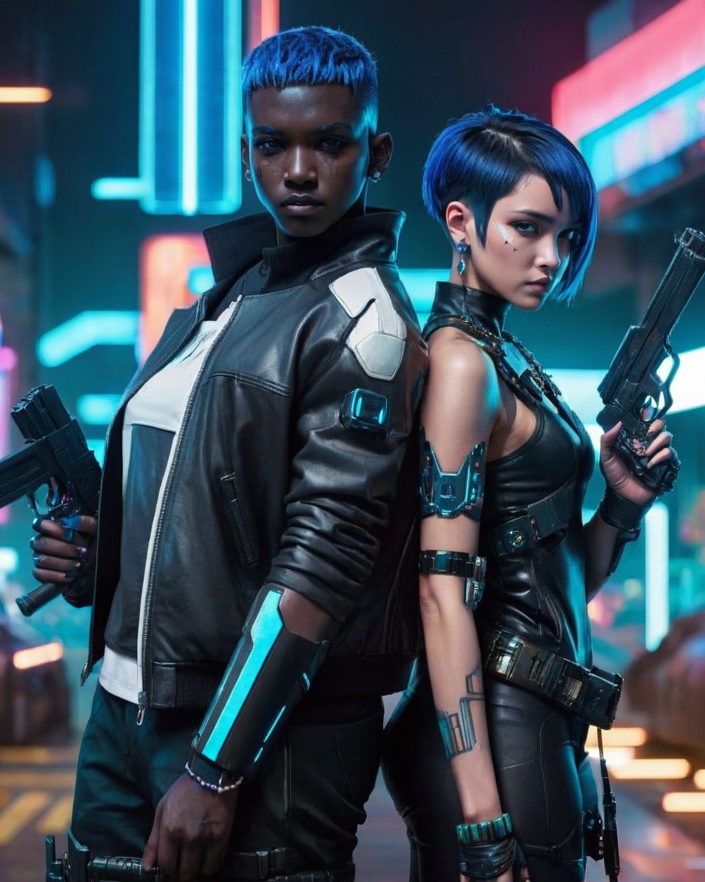 two people in futuristic clothing holding guns ,  1girl,  short hair on Tensor.Art