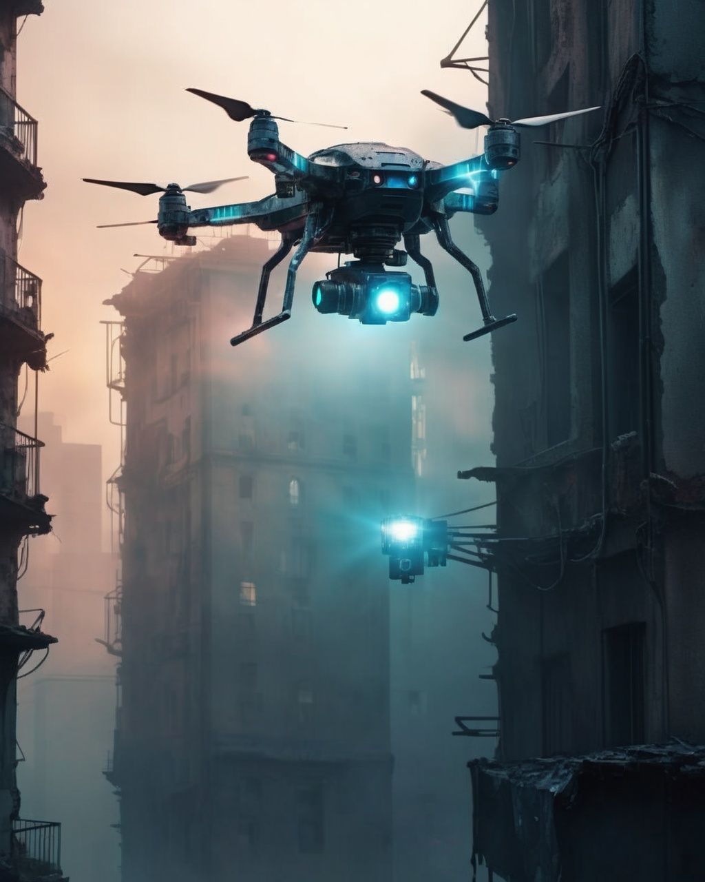 Hovering police drone,  its searchlight cutting through the urban haze,  casting a stark on Tensor.Art