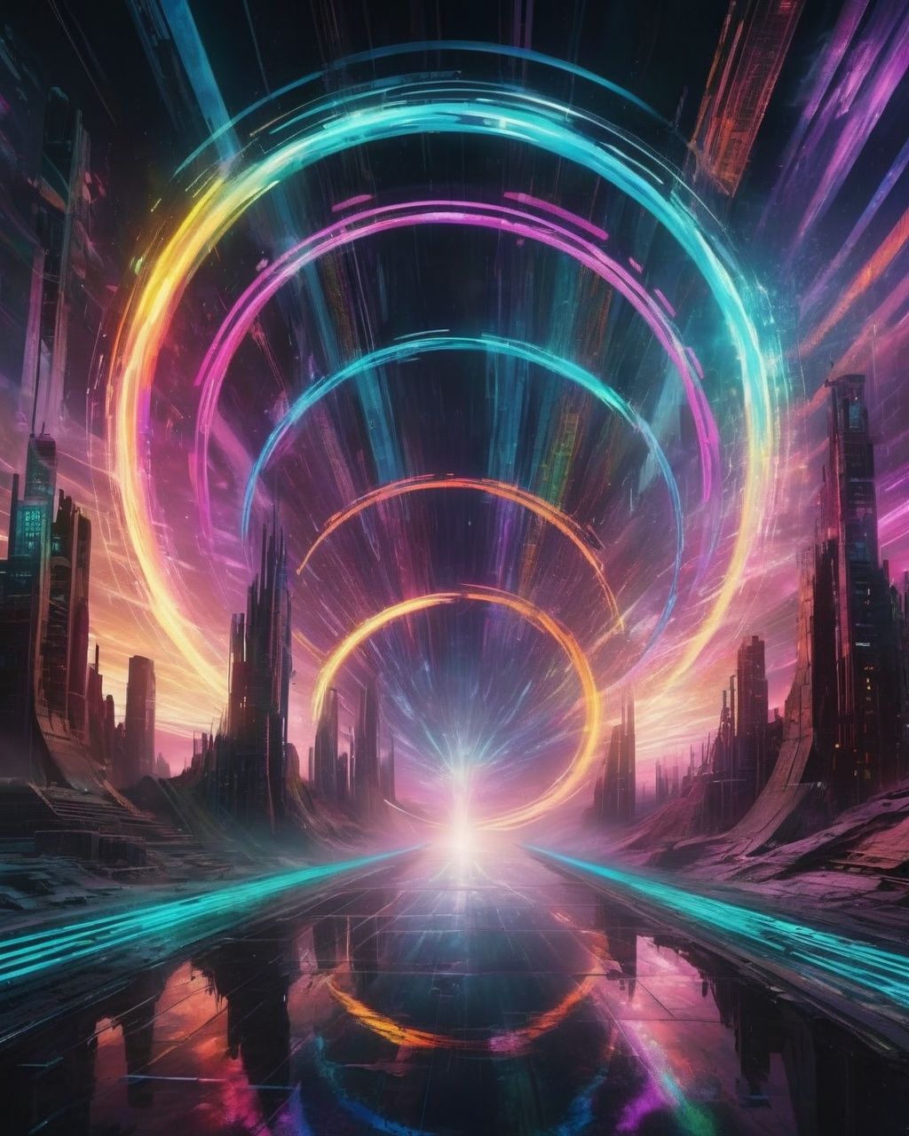 Vortex portal,  swirling rifts in reality connecting different dimensions,  casting multicolored beams across the dystopia...