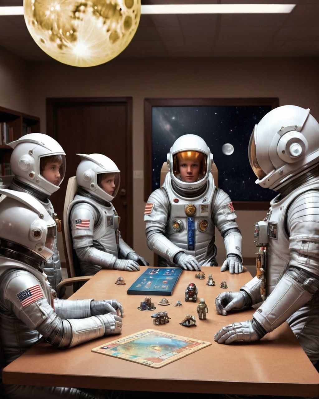 a man in a space suit sitting at a desk ,  sitting,  multiple boys on Tensor.Art