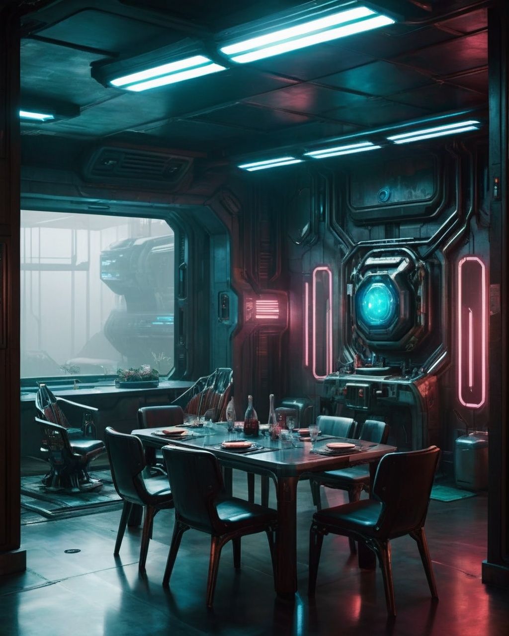 a dining room with a table and chairs ,  sci-fi,  cyberpunk on Tensor.Art