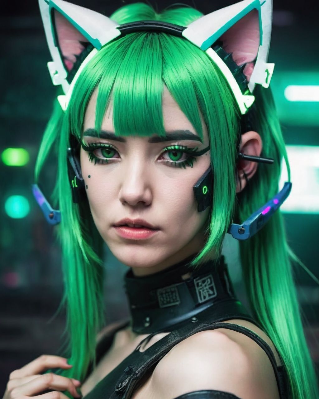 a woman with green hair and cat ears ,  cyberpunk style on Tensor.Art