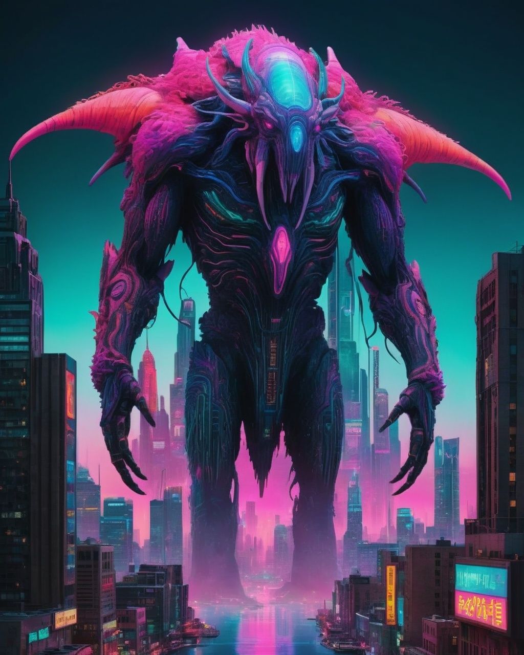-A surreal movie scene featuring a giant,  otherworldly creature towering over a futuristic cityscape. The scene is bathed...