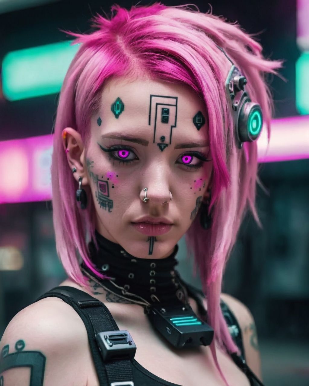 a woman with a pink hair and piercings ,  cyberpunk style on Tensor.Art