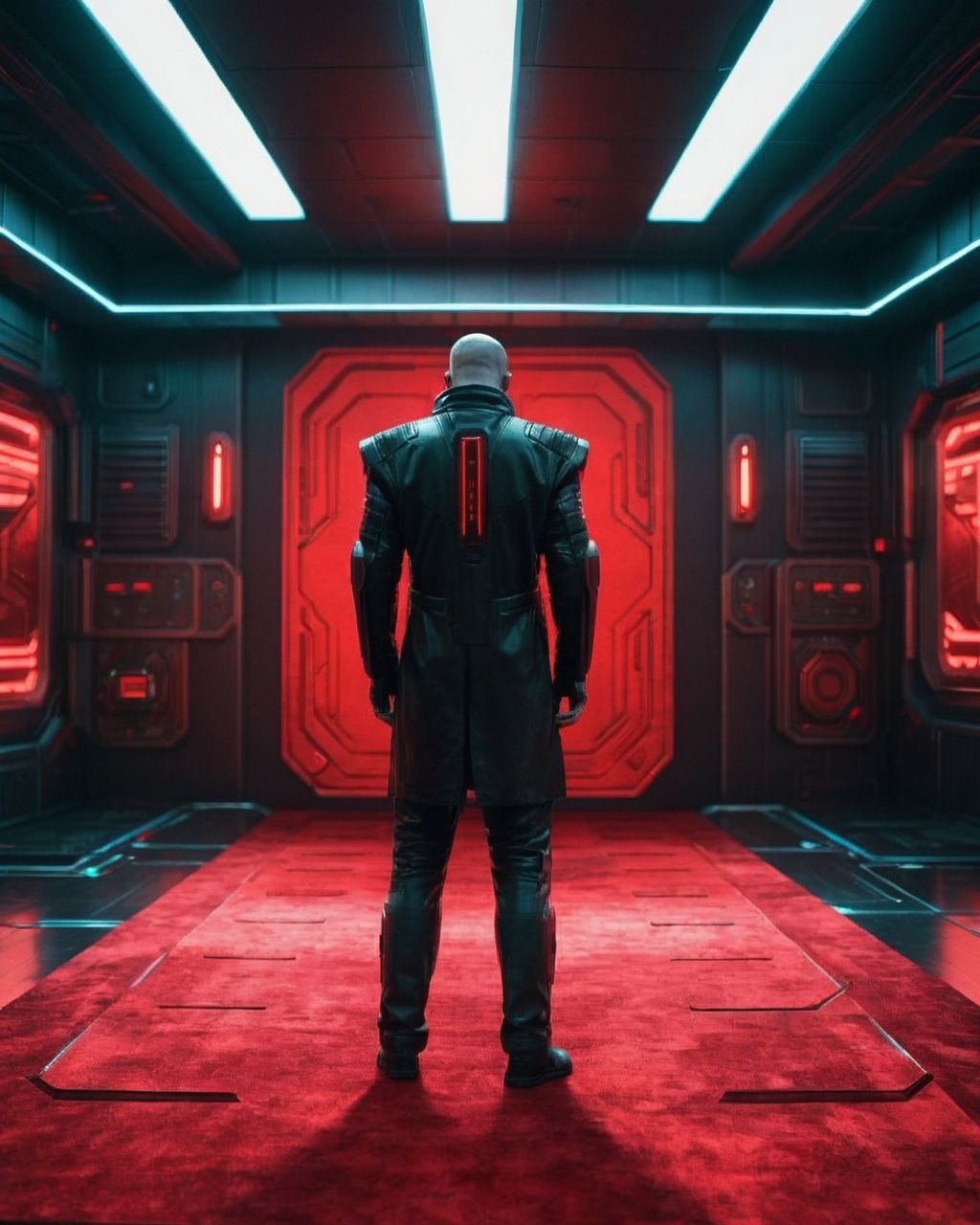 a man standing in a room with red carpet ,  sci-fi,  cyberpunk on Tensor.Art