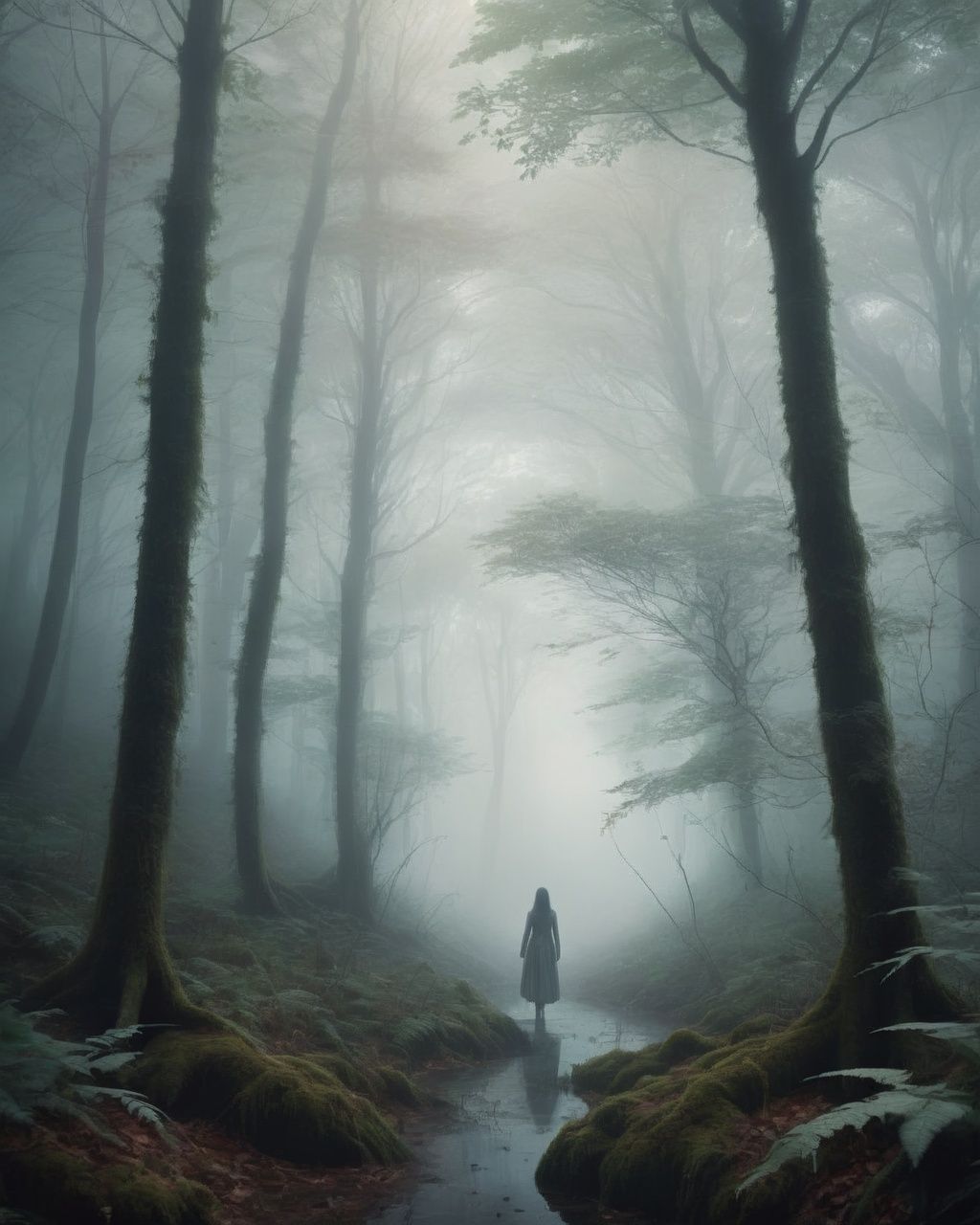 -A hauntingly beautiful scene featuring a lone figure wandering through a misty,  ethereal forest. The lighting is soft an...