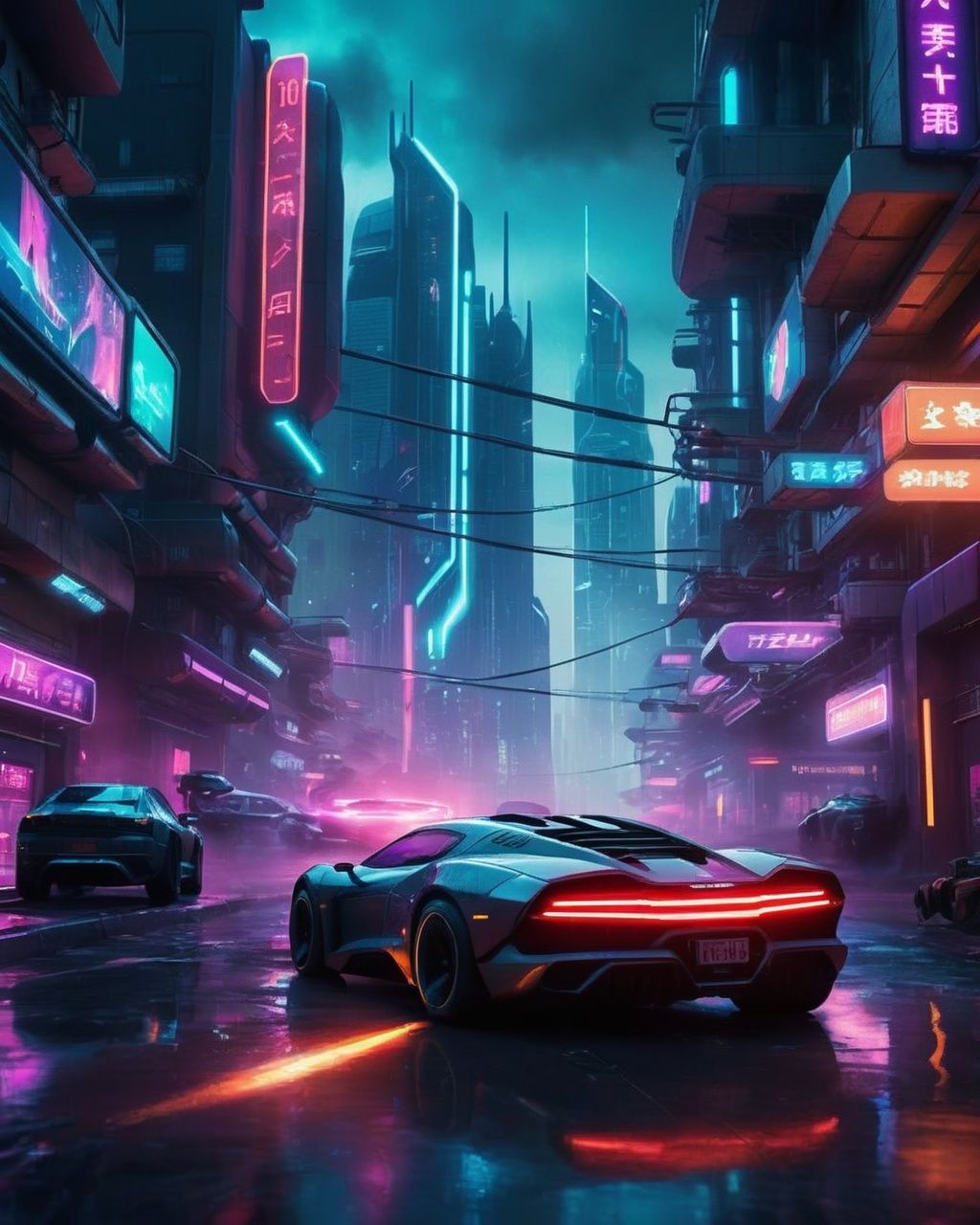 -A thrilling chase scene through a futuristic city,  with neon lights,  flying cars on Tensor.Art