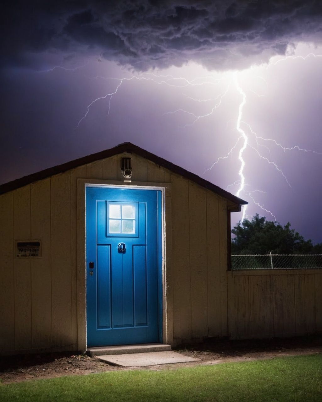a building with a blue door and a lightning bolt in the background ,  outdoors,  sky on Tensor.Art