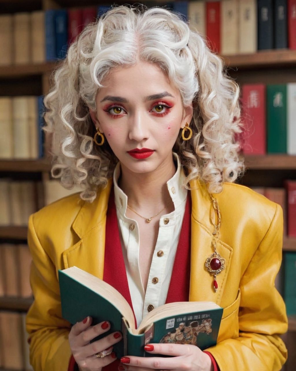 a woman in a yellow jacket and red pants ,  1girl,  solo on Tensor.Art