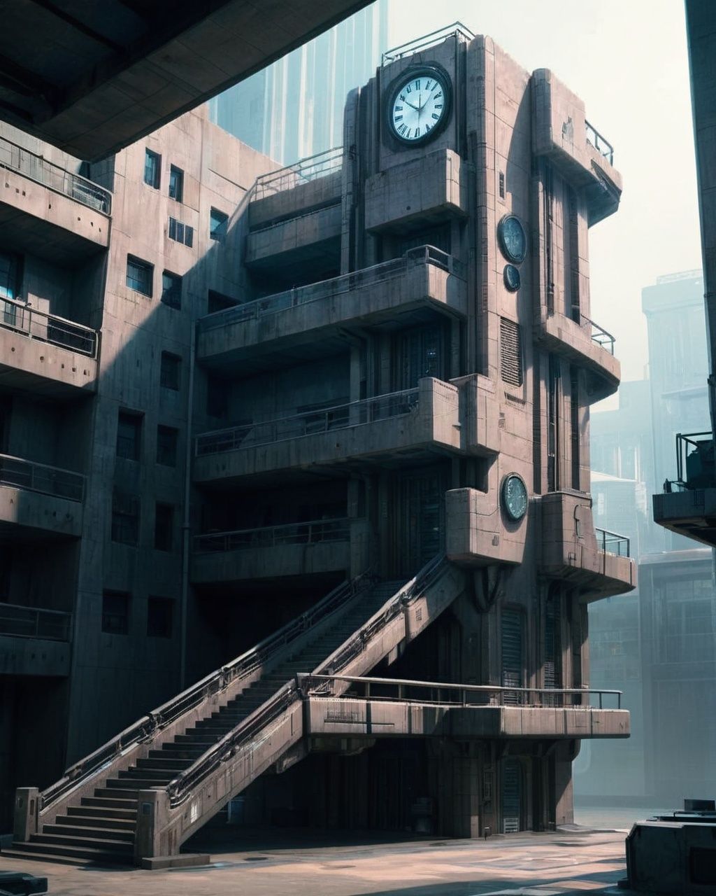a building with a lot of stairs and a clock ,  sci-fi,  cyberpunk on Tensor.Art