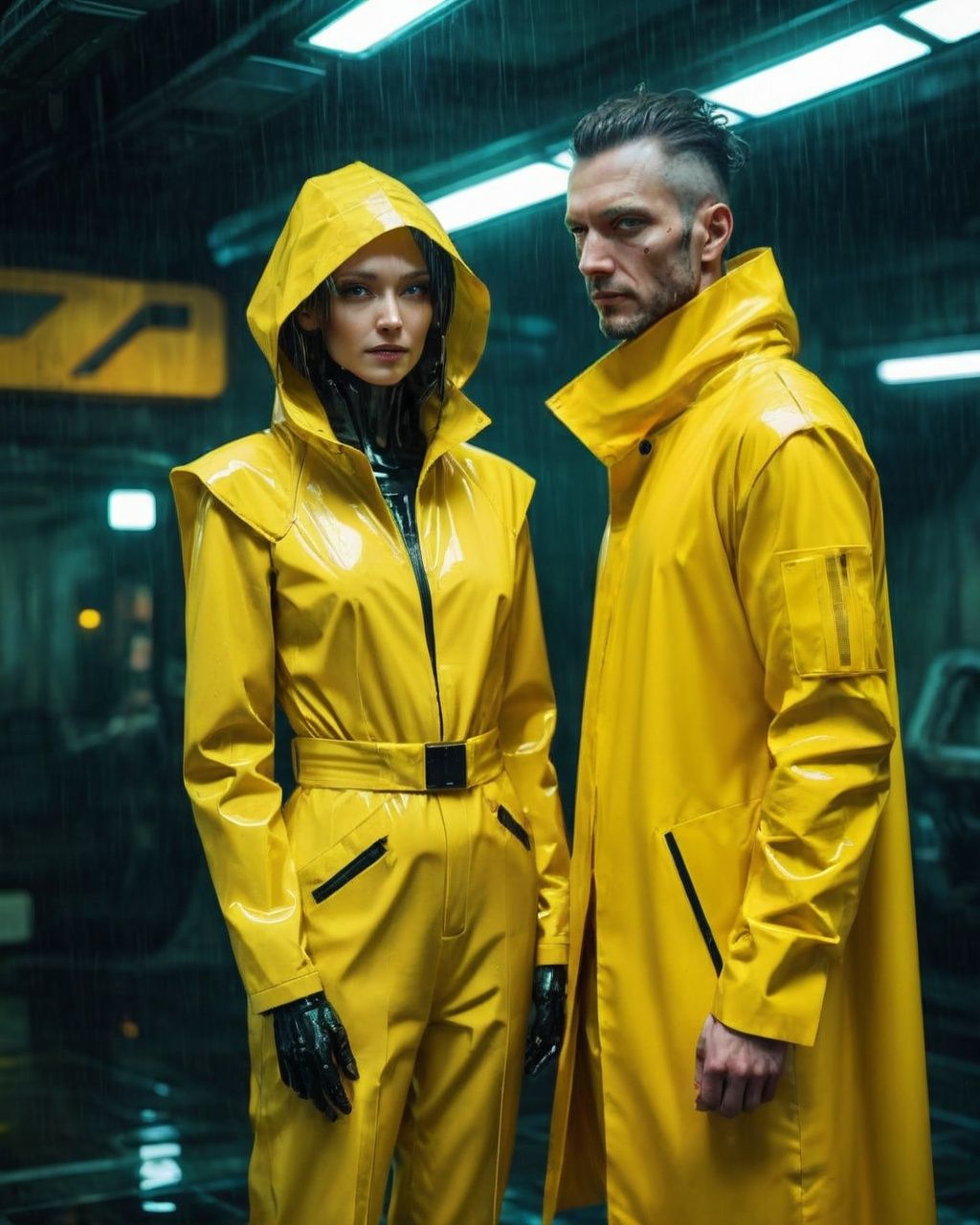 a man in a yellow suit and a woman in a yellow raincoat ,  sci-fi,  cyberpunk on Tensor.Art