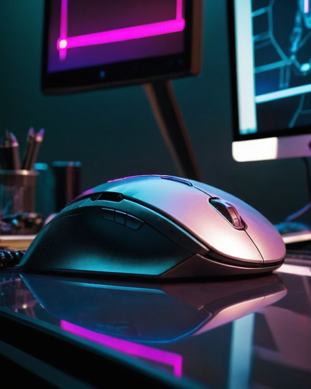 a computer mouse sitting on top of a desk ,  sci-fi,  cyberpunk on Tensor.Art