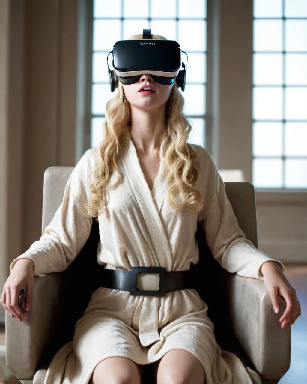 a woman wearing a virtual reality headset sitting in a chair ,  1girl,  solo on Tensor.Art